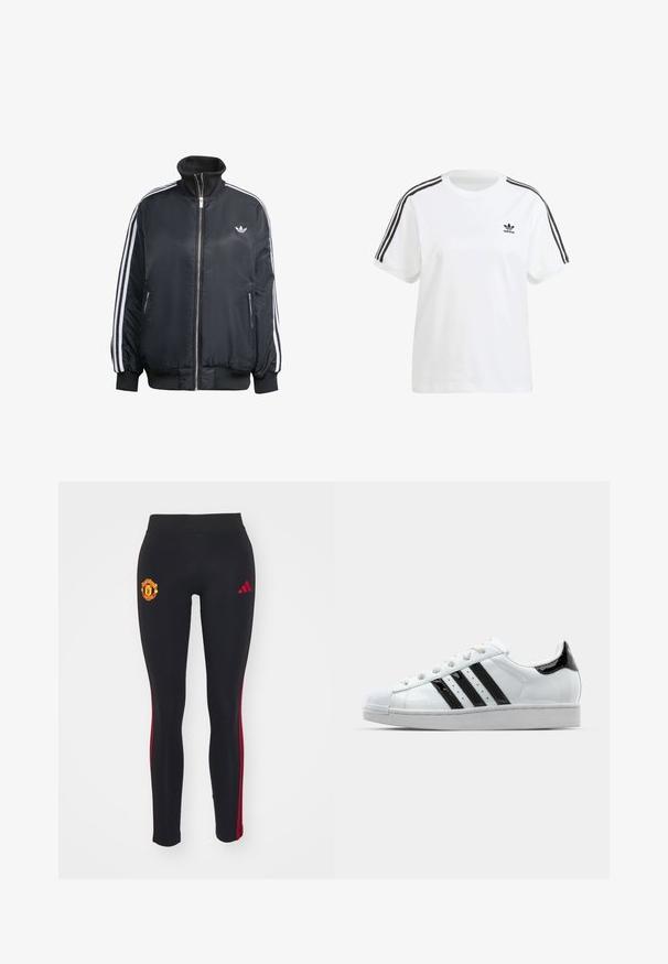Černá zipová bunda vyrobená z lesklé látky, s bílými vertikálními pruhy na rukávech, žebrovanými manžetami, vysokým límcem a malým logem na hrudi.; Bílý bavlněný tričko s krátkými rukávy, kulatým výstřihem a černými svislými pruhy na ramenou, se malým černým logem na hrudi.; adidas Performance MANCHESTER UNITED WMN TIGHT - Klubové oblečení - black; Bílé tenisky s černými lakovanými akcenty, třemi černými pruhy a gumovou špičkou. Obsahují bílé tkaničky a hladký strukturovaný svršek.