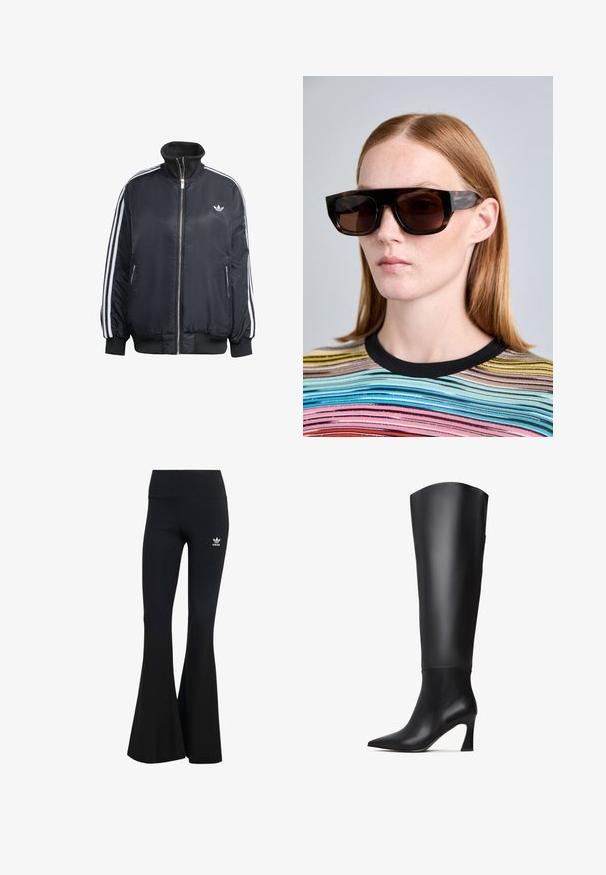 Black zip-up jacket made of shiny fabric, featuring white vertical stripes on sleeves, ribbed cuffs, high collar, and small logo on chest.; Black cotton short-sleeve t-shirt with round neck, featuring white stripes on shoulders and a small white Adidas logo on the chest.; Black ribbed flared leggings with a wide waistband, featuring a small white Adidas logo on the upper left side. Soft fabric texture.; Black knee-high leather boots with a pointed toe, straight shaft, and a tapered high heel. Smooth texture with minimal detailing.; Black and tortoiseshell rectangular sunglasses with dark lenses. Thick frame with a matte finish. Worn by a model in a multicolored striped top.