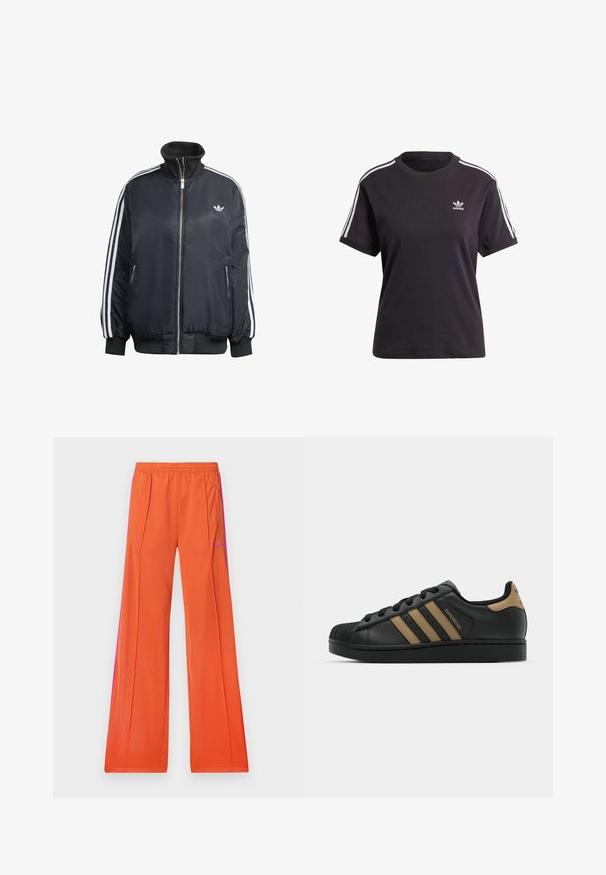 Musta vetoketjullinen takki, joka on valmistettu kiiltävästä kankaasta. Takissa on valkoiset pystysuorat raidat hihoissa, ribbireunukset, korkea kaulus ja pieni logo rinnassa.; Musta puuvillainen lyhythihainen t-paita pyöreällä kauluksella, jossa on valkoiset raidat olkapäillä ja pieni valkoinen Adidas-logo rinnassa.; adidas Originals FIREBIRD - Verryttelyhousut - orange/semi lucid fuchsia; Mustat nahkakengät, joissa on kolme ruskeaa raitaa, teksturoitu kumikärki, nauhaketju edessä ja tasainen musta pohja. Sisältää hillityn logon kantapäällä.