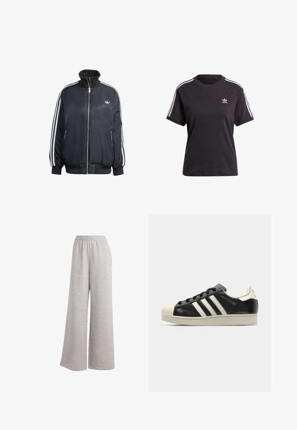 Černá zipová bunda vyrobená z lesklé látky, s bílými vertikálními pruhy na rukávech, žebrovanými manžetami, vysokým límcem a malým logem na hrudi.; Černé bavlněné tričko s krátkým rukávem a kulatým výstřihem, na ramenou s bílými pruhy a malým bílým logem Adidas na hrudi.; Světle šedé tepláky s volným střihem, elastickým pasem a měkkou texturou. Obsahují decentní branding na jedné straně. Ležérní design.; Černé kožené sneakers s bílými pruhy, gumovou špičkou, černými tkaničkami a krémovou podešví. Hladký povrch s lesklým finišem.