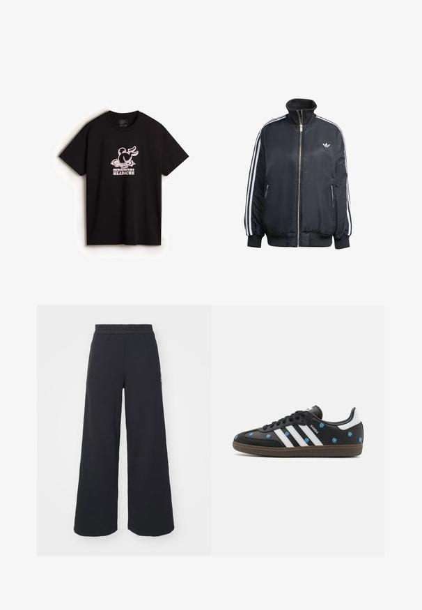 Chaqueta negra con cremallera, hecha de tela brillante, con rayas verticales blancas en las mangas, puños acanalados, cuello alto y un pequeño logo en el pecho.; Vans DOWN THE RABBIT HOLE - Camiseta estampada - black; Pantalones de chándal negros de pierna ancha, hechos de una tela suave, con una cintura elástica y un pequeño logo en el lado izquierdo.; Zapatilla de cuero negra con rayas blancas y bordado floral en azul. Presenta una suela de goma marrón y un diseño de punta redondeada.