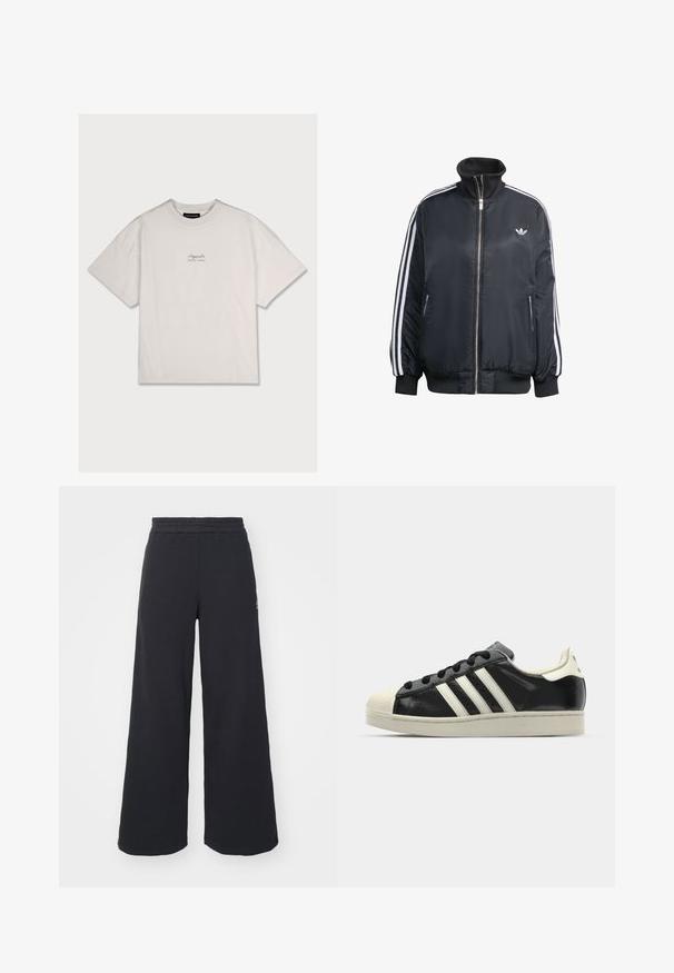 Black zip-up jacket made of shiny fabric, featuring white vertical stripes on sleeves, ribbed cuffs, high collar, and small logo on chest.; White cotton t-shirt with a relaxed fit, short sleeves, and a small branded logo printed on the upper left chest. Soft texture, crew neck.; Black wide-leg sweatpants made from soft fabric, featuring an elastic waistband and a small logo on the left side.; Black leather sneaker with white stripes, rubber toe cap, black laces, and a cream-colored outsole. Smooth texture with shiny finish.