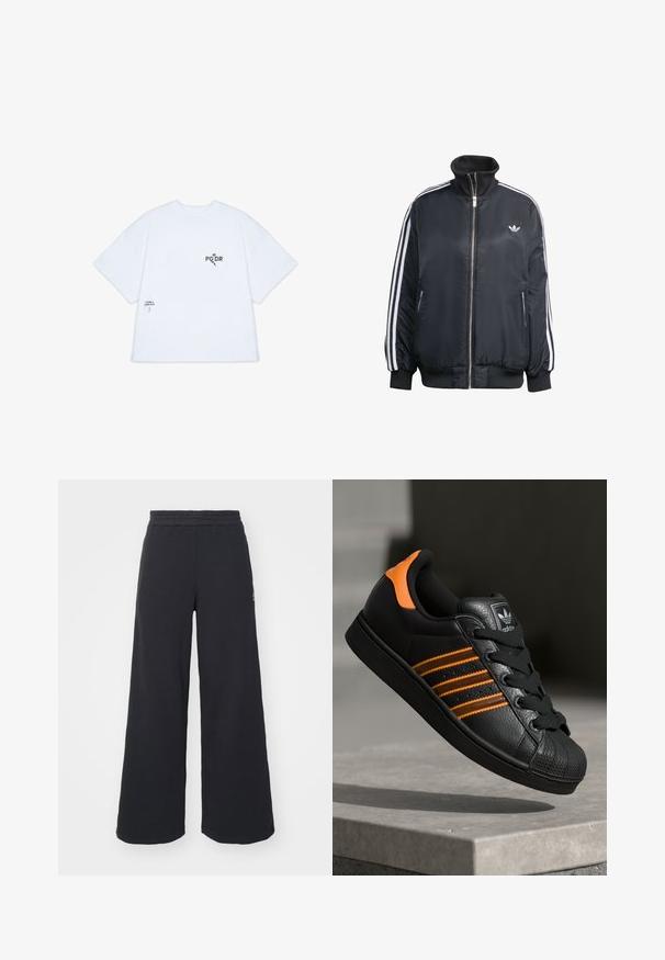 Černá zipová bunda vyrobená z lesklé látky, s bílými vertikálními pruhy na rukávech, žebrovanými manžetami, vysokým límcem a malým logem na hrudi.; Bílý oversized bavlněný tričko s krátkými rukávy, kulatým výstřihem a černým potiskem textu a grafiky na přední části a boku.; Černé široké tepláky vyrobené z měkké tkaniny, s elastickým pasem a malým logem na levé straně.; Černé tenisky s oranžovými akcenty, třemi horizontálními pruhy, texturovaným koženým svrškem, gumovou špicí a černými tkaničkami.