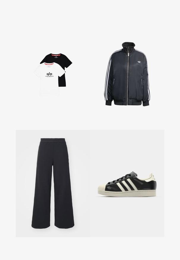 Černá zipová bunda vyrobená z lesklé látky, s bílými vertikálními pruhy na rukávech, žebrovanými manžetami, vysokým límcem a malým logem na hrudi.; Dvě základní trička s kulatým výstřihem, jedno bílé s černým logem a jedno čistě černé, vyrobené z bavlny, s krátkými rukávy a rovnými lemy.; Černé široké tepláky vyrobené z měkké tkaniny, s elastickým pasem a malým logem na levé straně.; Černé kožené sneakers s bílými pruhy, gumovou špičkou, černými tkaničkami a krémovou podešví. Hladký povrch s lesklým finišem.