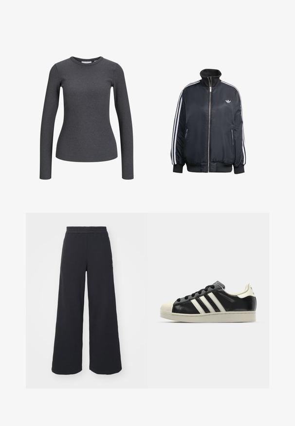 Czarna kurtka zapinana na zamek, wykonana z błyszczącego materiału, z białymi pionowymi paskami na rękawach, ściągaczami na mankietach, wysokim kołnierzem i małym logo na piersi.; Długi rękaw, prążkowany top w ciemnoszarym kolorze. Posiada okrągły dekolt i dopasowany krój. Wykonany z elastycznej tkaniny dla komfortu.; Czarne szerokie spodnie dresowe wykonane z miękkiego materiału, z elastycznym paskiem w talii oraz małym logo po lewej stronie.; Czarne skórzane trampki z białymi paskami, gumowym czubkiem, czarnymi sznurówkami i kremową podeszwą. Gładka faktura z połyskującym wykończeniem.