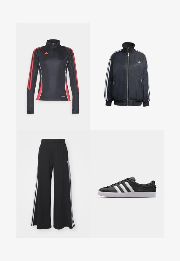 Schwarze zip-up Jacke aus glänzendem Material, mit weißen vertikalen Streifen an den Ärmeln, gerippten Bündchen, hohem Kragen und kleinem Logo auf der Brust.; Schwarzes langärmeliges Sportoberteil mit roten seitlichen Streifen, halbem Reißverschluss-Kragen und weißen Akzenten. "AEROREADY"-Label am Saum.; Schwarze weite Sweatpants mit elastischem Bund, versehen mit weißen Seitestreifen und einem gestickten Logo auf dem linken Oberschenkel.; Schwarze Ledersneaker mit weißem Drei-Streifen-Design, runder Spitze, flacher weißer Gummisohle und Markenlogo an der Seite.