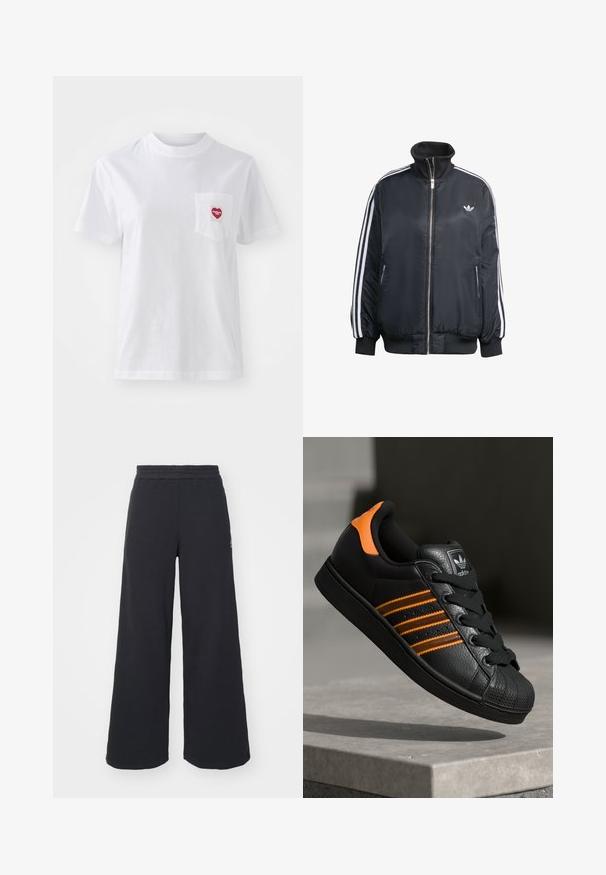 Czarna kurtka zapinana na zamek, wykonana z błyszczącego materiału, z białymi pionowymi paskami na rękawach, ściągaczami na mankietach, wysokim kołnierzem i małym logo na piersi.; Biała koszulka z krótkim rękawem z bawełny, z małą kieszonką w kształcie czerwonego serca oraz napisem "Carhartt WIP". Gładka tekstura.; Czarne szerokie spodnie dresowe wykonane z miękkiego materiału, z elastycznym paskiem w talii oraz małym logo po lewej stronie.; Czarne sneakersy z pomarańczowymi akcentami, trzema poziomymi paseczkami, skórzaną cholewką o teksturowanej powierzchni, gumowym noskiem i czarnymi sznurówkami.
