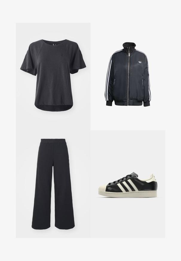 Giacca nera con zip realizzata in tessuto lucido, con strisce verticali bianche sulle maniche, polsini a costine, colletto alto e piccolo logo sul petto.; T-shirt nera realizzata in tessuto morbido, con scollatura rotonda, maniche raglan corte e orlo curvo. Piccolo logo sul petto.; Pantaloni felpati neri a gamba larga realizzati in tessuto morbido, con un elastico in vita e un piccolo logo sul lato sinistro.; Sneaker in pelle nera con strisce bianche, punta in gomma, lacci neri e suola di colore crema. Texture liscia con finitura brillante.