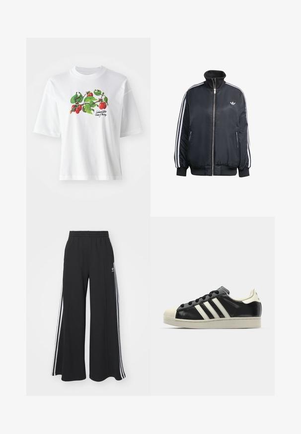 Musta vetoketjullinen takki, joka on valmistettu kiiltävästä kankaasta. Takissa on valkoiset pystysuorat raidat hihoissa, ribbireunukset, korkea kaulus ja pieni logo rinnassa.; Valkoinen puuvillapaita lyhyillä hihoilla, jossa on keskellä värikäs hedelmä- ja lehtikuosisuunnittelu. Teksti kuuluu "Carhartt WIP Cream of the crop."; Mustat löysät verkkarit, joissa on joustava vyötärö, valkoiset sivuraidat ja brodeerattu logo vasemmassa reidessä.; Musta nahkasneakeri, jossa on valkoiset raidat, kuminen varvassuoja, mustat nauhat ja kermaisa ulkopohja. Suora pinta ja kiiltävä viimeistely.