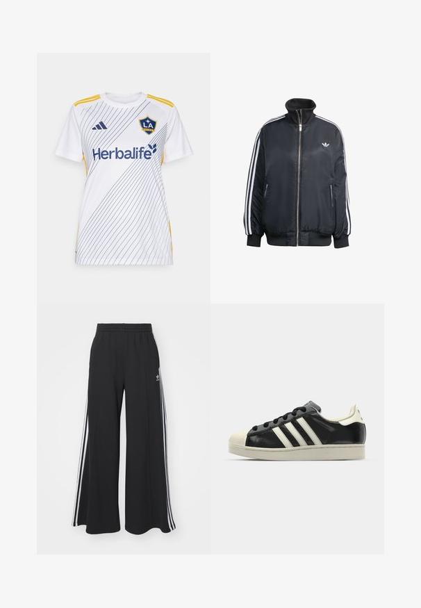 Czarna kurtka zapinana na zamek, wykonana z błyszczącego materiału, z białymi pionowymi paskami na rękawach, ściągaczami na mankietach, wysokim kołnierzem i małym logo na piersi.; Biała koszulka sportowa z diagonalnymi niebieskimi paskami, żółtymi akcentami i logo "Herbalife". Zaprojektowana z myślą o komforcie, z krótkim rękawem.; Czarne szerokie spodnie dresowe z elastycznym pasem, z białymi paskami po bokach i haftowanym logo na lewej udzie.; Czarne skórzane trampki z białymi paskami, gumowym czubkiem, czarnymi sznurówkami i kremową podeszwą. Gładka faktura z połyskującym wykończeniem.