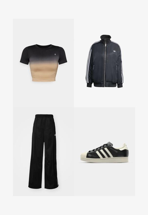 Černá zipová bunda vyrobená z lesklé látky, s bílými vertikálními pruhy na rukávech, žebrovanými manžetami, vysokým límcem a malým logem na hrudi.; Krátký rukáv crop top s přechodem z černé do béžové. Hladká textura, kulatý výstřih a decentní logo na prsou.; Černé široké sportovní kalhoty s elastickým pasem, na kterých jsou bílé boční pruhy a malé logo na levém boku. Hladká textilie.; Černé kožené sneakers s bílými pruhy, gumovou špičkou, černými tkaničkami a krémovou podešví. Hladký povrch s lesklým finišem.