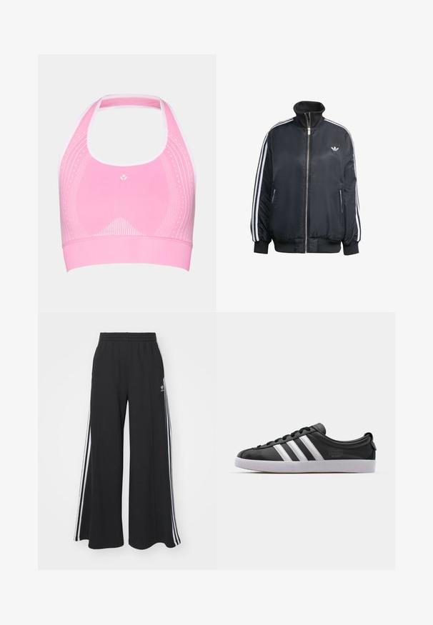 Černá zipová bunda vyrobená z lesklé látky, s bílými vertikálními pruhy na rukávech, žebrovanými manžetami, vysokým límcem a malým logem na hrudi.; Růžový sportovní podprsenka s designem za krk, zdobená jemnými bílými vzory a žebrovanou texturou podél spodního okraje.; Černé pohodlné tepláky širokého střihu s elastickým pasem, na boční straně s bílými pruhy a vyšitým logem na levé stehně.; Černé kožené tenisky s bílým trojitým pruhovaným designem, kulatou špičkou, plochou bílou gumovou podrážkou a značkovým detailem na boku.