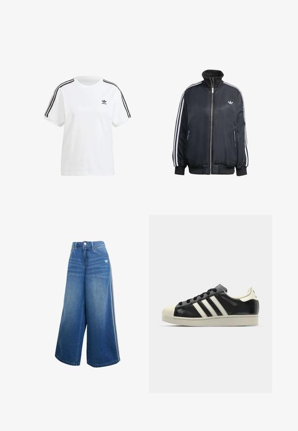 Black zip-up jacket made of shiny fabric, featuring white vertical stripes on sleeves, ribbed cuffs, high collar, and small logo on chest.; White cotton t-shirt featuring short sleeves, a round neck, and black vertical stripes on the shoulders, with a small black logo on the chest.; Wide-leg denim jeans in medium blue, featuring a high waist, subtle stitching details, and a small white logo on the front.; Black leather sneaker with white stripes, rubber toe cap, black laces, and a cream-colored outsole. Smooth texture with shiny finish.