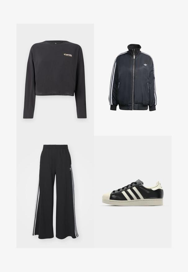 Musta vetoketjullinen takki, joka on valmistettu kiiltävästä kankaasta. Takissa on valkoiset pystysuorat raidat hihoissa, ribbireunukset, korkea kaulus ja pieni logo rinnassa.; Lyhytnäköinen pitkähihainen t-paita tummanharmaasta puuvillasta, jossa on pieni, monivärinen Rip Curl -logo rinnassa ja rento malli.; Mustat löysät verkkarit, joissa on joustava vyötärö, valkoiset sivuraidat ja brodeerattu logo vasemmassa reidessä.; Musta nahkasneakeri, jossa on valkoiset raidat, kuminen varvassuoja, mustat nauhat ja kermaisa ulkopohja. Suora pinta ja kiiltävä viimeistely.