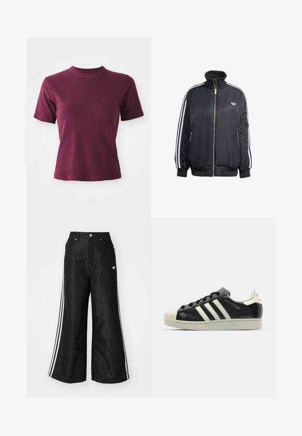 Černá zipová bunda vyrobená z lesklé látky, s bílými vertikálními pruhy na rukávech, žebrovanými manžetami, vysokým límcem a malým logem na hrudi.; Krátký rukáv, hřišková tričko s ribbed strukturou, s kulatým výstřihem a diskrétním vyšitým logem na levé straně hrudníku.; Černé široké džíny s třemi bílými pruhy po stranách a malým bílým logem. Obsahují přední kapsy a zapínání na knoflík.; Černé kožené sneakers s bílými pruhy, gumovou špičkou, černými tkaničkami a krémovou podešví. Hladký povrch s lesklým finišem.