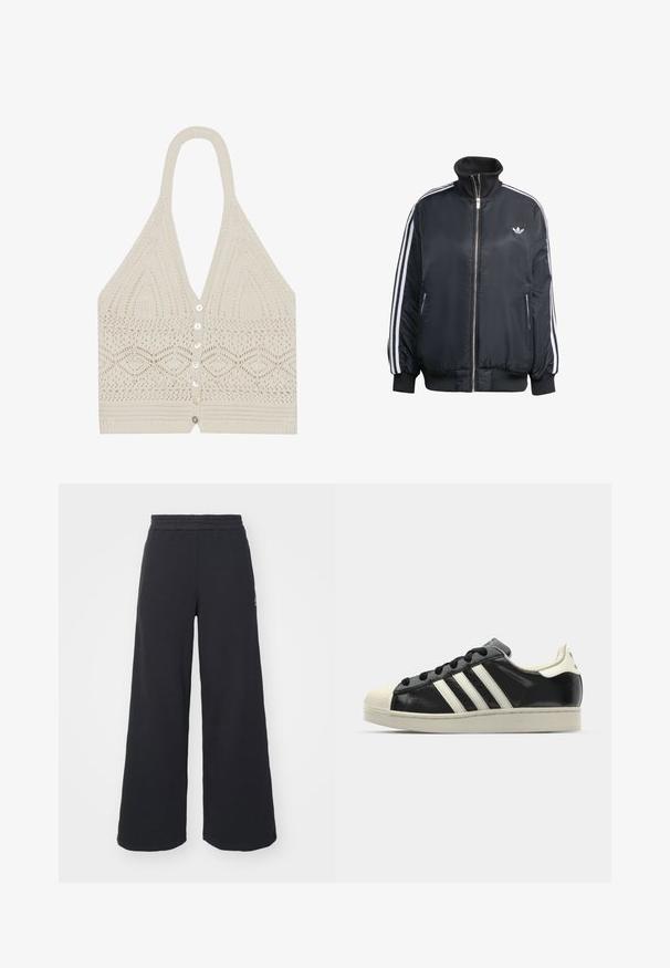Chaqueta negra con cremallera, hecha de tela brillante, con rayas verticales blancas en las mangas, puños acanalados, cuello alto y un pequeño logo en el pecho.; Top halter de punto en crema, con un patrón geométrico, escote en V profundo y cinco botones frontales con un acabado texturizado en el dobladillo.; Pantalones de chándal negros de pierna ancha, hechos de una tela suave, con una cintura elástica y un pequeño logo en el lado izquierdo.; Zapatilla de cuero negro con rayas blancas, puntera de goma, cordones negros y suela color crema. Textura suave con acabado brillante.