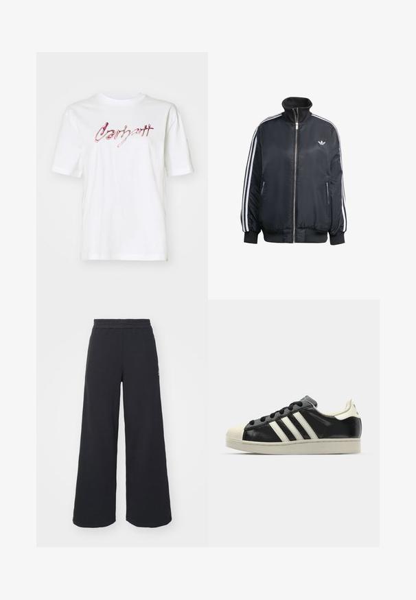 Black zip-up jacket made of shiny fabric, featuring white vertical stripes on sleeves, ribbed cuffs, high collar, and small logo on chest.; White cotton t-shirt with short sleeves and a round neckline. Features a pink and red glossy script logo on the front.; Black wide-leg sweatpants made from soft fabric, featuring an elastic waistband and a small logo on the left side.; Black leather sneaker with white stripes, rubber toe cap, black laces, and a cream-colored outsole. Smooth texture with shiny finish.