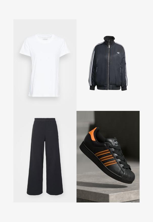 Schwarze zip-up Jacke aus glänzendem Material, mit weißen vertikalen Streifen an den Ärmeln, gerippten Bündchen, hohem Kragen und kleinem Logo auf der Brust.; Weißes Kurzarm-T-Shirt aus weicher Baumwolle. Mit rundem Halsausschnitt und einem leicht lockeren Schnitt sowie seitlichen Schlitzen für zusätzlichen Komfort.; Schwarze weite Sweatpants aus weichem Material, mit einem elastischen Taillenbund und einem kleinen Logo auf der linken Seite.; Schwarze Sneaker mit orangen Akzenten, drei horizontalen Streifen, strukturiertem Lederobermaterial, Gummikappe und schwarzen Schnürsenkeln.