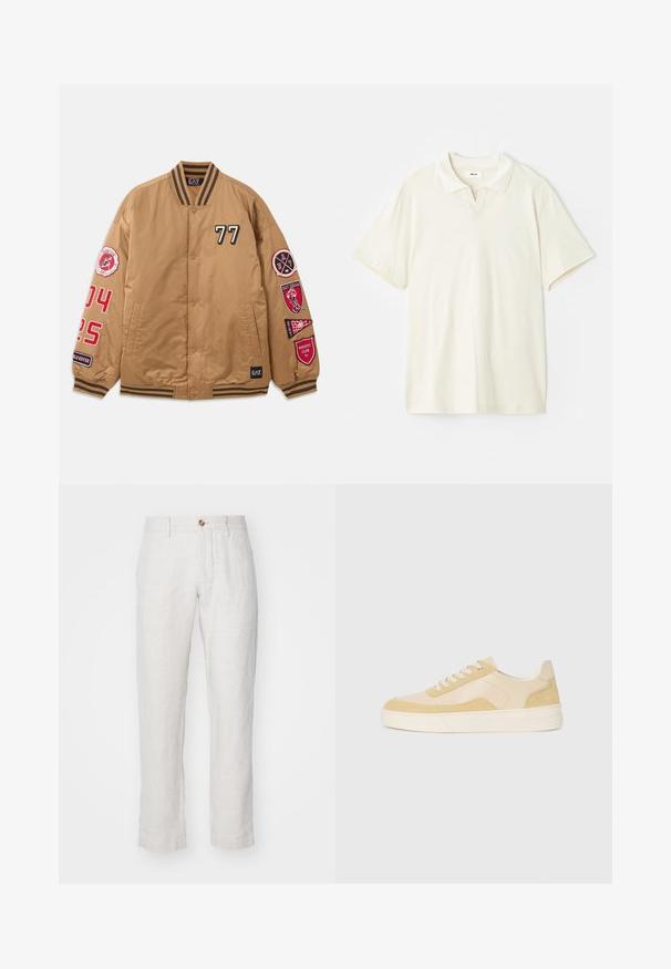 Barna bomber dzseki fekete és piros foltokkal, beleértve a '77'-et és egyetemi klub grafikákat. Csíkozott mandzsettákkal és patentos záródással rendelkezik.; Krém színű póló ing klasszikus gallérral, rövid ujjal és enyhe V-nyakkivágással. Sima textúra és minimális dizájn.; NN.07 THEO - Nadrágok - beige; Világos sárga velúr és bőr sportcipők, párnázott talppal és varrott részletekkel. Klasszikus fűzős kialakítás, lekerekített orral.