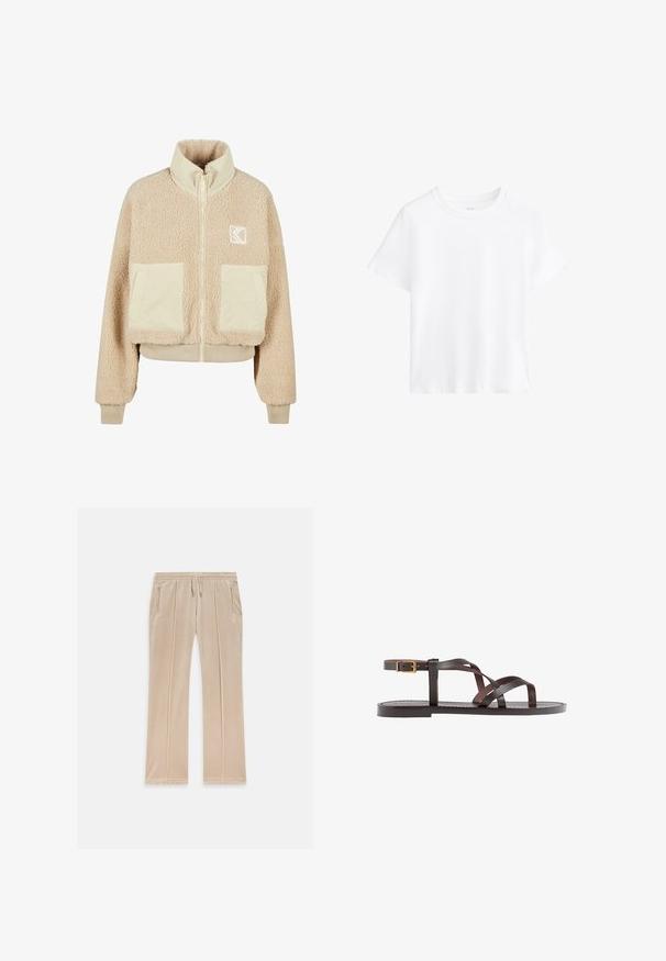 Beige Fleecejacke mit hohem Kragen, Reißverschluss, zwei Vorderöpfen und gerippten Bündchen. Besitzt ein Logo auf der linken Brust.; Weißes Baumwoll-T-Shirt, kurze Ärmel, runder Halsausschnitt, lockere Passform, glatte Textur, keine Muster oder Akzente, schlichtes Design, vielseitiger Stil.; Beige Samt-Jogginghosen mit einer Kordelzug-Taille, zwei seitlichen Taschen und dezenten Seitennähten. Mit besticktem Logo auf der Vorderseite.; Braune Leder-Sandale mit überkreuzten Riemen, einem Knöchelriemen mit Schnalle und einer flachen Sohle mit minimalen Nähdetails.
