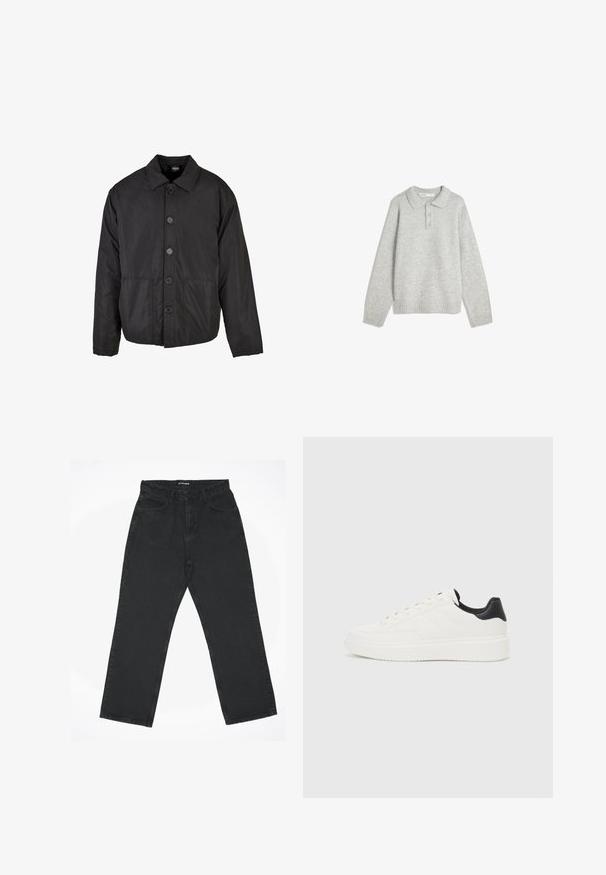 Jachetă neagră, cu nasturi, fabricată dintr-un material ușor și neted. Are guler, mâneci lungi și două buzunare frontale.; Pulover gri tricotat cu guler, trei butoane frontale și tiv cu elastic. Materialul pare moale și texturat, având o croială lejeră.; Blugi negri, cu talie înaltă, drept și cu buzunare frontale, cu închidere prin buton, așezați pe un fundal alb.; Adidași din piele albă cu un model embosat, talpă intermediară texturată de culoare albă și accent negru pe călcâi. Prezintă vârf rotunjit și șireturi plate.