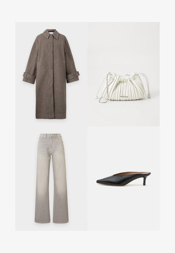 Bruine houndstoothjas met een kraag, knoopsluiting en brede mouwen. Beschikt over een A-lijn silhouet en een gestructureerde stof.; Zwarte gebreide trui met korte mouwen, een ronde halslijn en een ribgebreide zoom. Zachte textuur met een relaxte pasvorm. Minimalistisch ontwerp.; Grijze wijde jeans met een vervaagde afwerking, knoopsluiting, vijfzakkenontwerp en gestikte details langs de naden.; Zwarte leren muiltjes met een puntige neus en een lage, blokhak. Glad oppervlak met een gestroomlijnd ontwerp. Open achterkant met minimale details.; Witte geplooide handtas gemaakt van zacht materiaal. Voorzien van een trekkoordsluiting, gevlochten handvatten en een accent van zilverkleurig hardware.