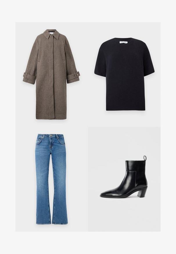 Abrigo de cuadros marrón con cuello, cierre de botones y mangas amplias. Presenta una silueta en A y una tela texturizada.; Suéter negro de punto de manga corta con un escote redondo y un dobladillo acanalado. Textura suave con un ajuste relajado. Diseño minimalista.; Vaqueros de mezclilla azul claro con un diseño de pierna acampanada, que cuentan con cinco bolsillos, un cierre de botón y cremallera, y patrones sutiles de desgaste.; Botín de piel negra hasta el tobillo con punta afilada, tacón apilado geométrico y una lengüeta en la parte posterior. Textura suave y diseño elegante.