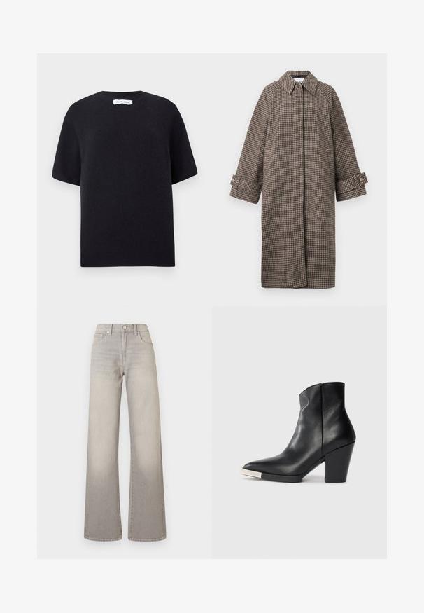 Hnedý kabát s houndstooth vzorom, s golierom, zapínaním na gombíky a širokými rukávmi. Má siluetu do A a textúrovanú látku.; Čierny pletený sveter s krátkym rukávom a okrúhlym výstrihom, s rebrovaným lemom. Hladká štruktúra s voľným strihom. Minimalistický dizajn.; Šedé široké džínsy s vyblednutým povrchom, zapínanie na gombík, dizajn s piatimi vreckami a prešitie pozdĺž švov.; Čierna kožená členková topánka s špicatou špičkou, vysokým blokovým podpätkom a strieborným detailom na špičke. Hladká textúra a jednoduchý dizajn.