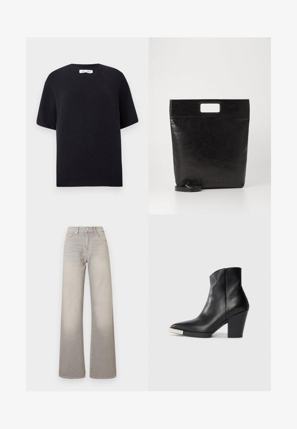 Brauner Hahnentrittmantel mit Kragen, Knopfverschluss und weiten Ärmeln. Verfügt über eine A-Linien-Silhouette und strukturierte Stoffqualität.; Schwarzer, gestrickter Pullover mit kurzen Ärmeln, rundem Halsausschnitt und geripptem Saum. Glatte Textur mit lässiger Passform. Minimalistisches Design.; Graue weit geschnittene Jeans mit einem verblassten Finish, Knopfverschluss, fünf Taschen und gestickten Details entlang der Nähte.; Schwarze Lederknöchelstiefel mit spitzer Zehenform, hohen Blockabsätzen und silberner Kappenverzierung. Glatte Textur und einfaches Design.; Schwarze Leder-Tote-Tasche mit einem quadratischen Griff, ausgestattet mit einer strukturierten Oberfläche und geprägtem Logo. Inklusive abnehmbarem Tragegurt.