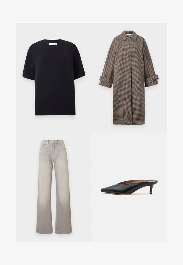 Manteau à chevrons marron avec col, fermeture à boutons et manches larges. Présente une silhouette en A et un tissu texturé.; Pull court en maille noire à manches courtes avec un col rond et un ourlet côtelé. Texture lisse avec une coupe décontractée. Design minimaliste.; Jean large gris avec une finition délavée, fermeture à bouton, design à cinq poches et coutures conçues le long des coutures.; Mules en cuir noir avec un bout pointu et un petit talon carré. Texture lisse avec un design épuré. Dos ouvert avec un minimum de détails.