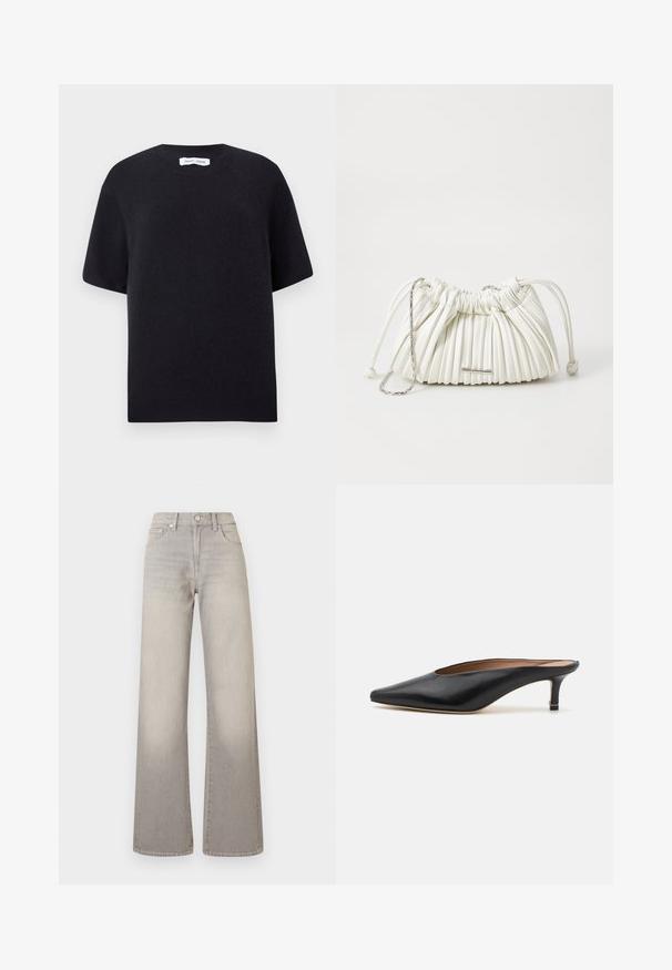 Bruine houndstoothjas met een kraag, knoopsluiting en brede mouwen. Beschikt over een A-lijn silhouet en een gestructureerde stof.; Zwarte gebreide trui met korte mouwen, een ronde halslijn en een ribgebreide zoom. Zachte textuur met een relaxte pasvorm. Minimalistisch ontwerp.; Grijze wijde jeans met een vervaagde afwerking, knoopsluiting, vijfzakkenontwerp en gestikte details langs de naden.; Zwarte leren muiltjes met een puntige neus en een lage, blokhak. Glad oppervlak met een gestroomlijnd ontwerp. Open achterkant met minimale details.; Witte geplooide handtas gemaakt van zacht materiaal. Voorzien van een trekkoordsluiting, gevlochten handvatten en een accent van zilverkleurig hardware.