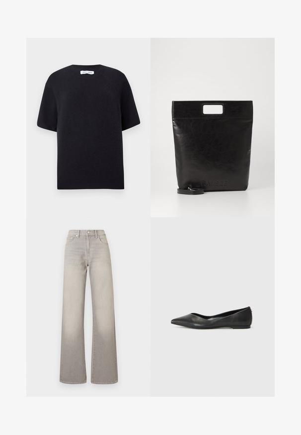 Brown houndstooth coat with a collar, button closure, and wide sleeves. Features an A-line silhouette and textured fabric.; Black knitted short-sleeve sweater with a round neckline and ribbed hem. Smooth texture with a relaxed fit. Minimalist design.; Gray wide-leg jeans with a faded finish, button closure, five-pocket design, and stitched detailing along the seams.; Black leather ballet flat with a pointed toe, low heel, and smooth texture. Minimal design with a subtle side accent.; Black leather tote bag with a square handle, featuring a textured finish and embossed logo. Includes a detachable strap.