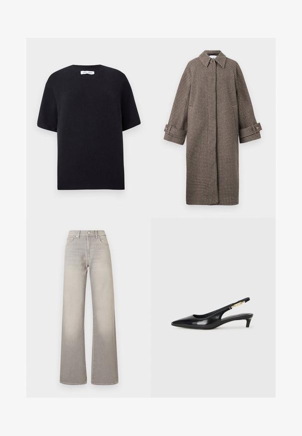 Hnedý kabát s houndstooth vzorom, s golierom, zapínaním na gombíky a širokými rukávmi. Má siluetu do A a textúrovanú látku.; Čierny pletený sveter s krátkym rukávom a okrúhlym výstrihom, s rebrovaným lemom. Hladká štruktúra s voľným strihom. Minimalistický dizajn.; Šedé široké džínsy s vyblednutým povrchom, zapínanie na gombík, dizajn s piatimi vreckami a prešitie pozdĺž švov.; Čierne kožené slingback opätky s špicatou špičkou, s úzkym opätkom a zlatým detailom na nastaviteľnom remienku. Hladká textúra.
