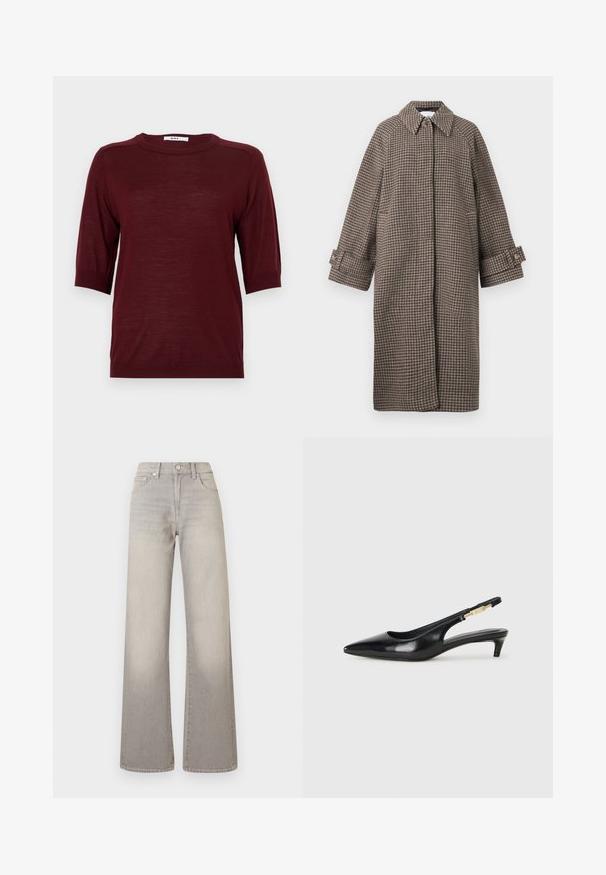 Abrigo de cuadros marrón con cuello, cierre de botones y mangas amplias. Presenta una silueta en A y una tela texturizada.; Suéter burdeos de manga corta con cuello redondo, hecho de un tejido ligero, con acentos acanalados en las mangas y el dobladillo.; Jeans de pierna ancha grises con un acabado desgastado, cierre de botón, diseño de cinco bolsillos y costuras decorativas a lo largo de las costuras.; Tacones negros de piel sintética tipo slingback con punta afilada, que cuentan con un tacón delgado y un detalle en tono dorado en la correa ajustable. Textura suave.