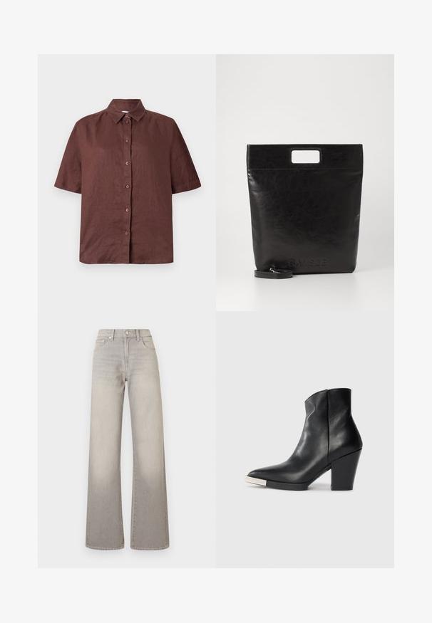 Brown houndstooth coat with a collar, button closure, and wide sleeves. Features an A-line silhouette and textured fabric.; Brown short-sleeve button-up shirt made of lightweight fabric. Features a collared neck and straight hem with a relaxed fit.; Gray wide-leg jeans with a faded finish, button closure, five-pocket design, and stitched detailing along the seams.; Black leather ankle boot with a pointed toe, high block heel, and silver toe cap detail. Smooth texture and simple design.; Black leather tote bag with a square handle, featuring a textured finish and embossed logo. Includes a detachable strap.