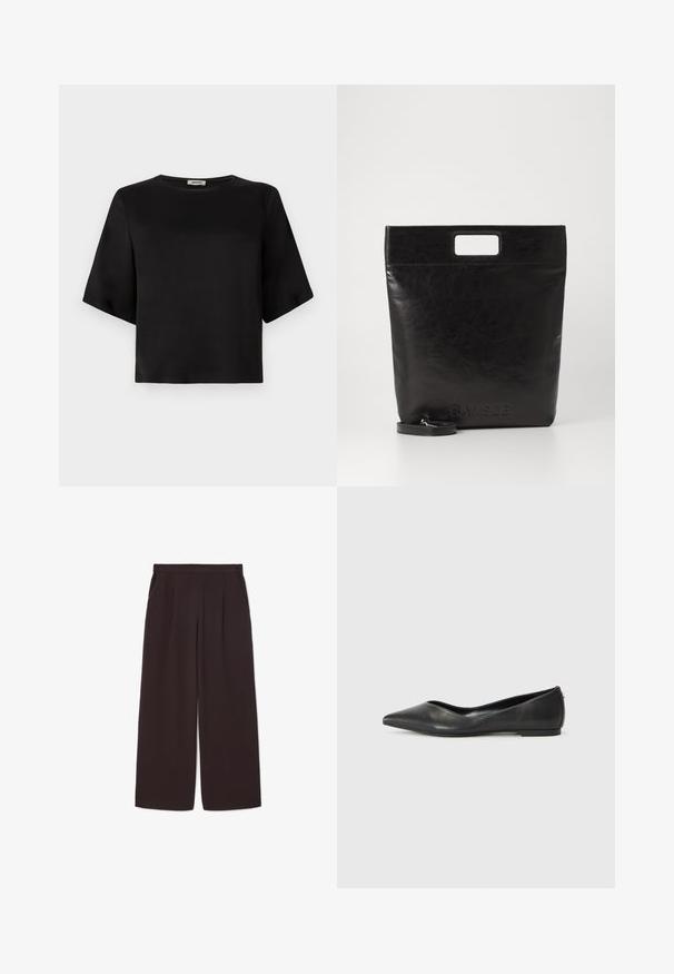 Cămașă cu pattern houndstooth de culoare maro, cu guler, închidere cu nasturi și mâneci largi. Prezintă o siluetă în formă de A și un material texturat.; Top negru cu mânecă scurtă și guler rotund, realizat dintr-un material neted. Designul are o siluetă pătrată și un finisaj curat.; Pantaloni largi de culoare maro închis, dintr-un material ușor, cu talie înaltă, plisse și două buzunare laterale, având un tiv elastic.; Balerini din piele neagră, cu vârf ascuțit, toc mic și textură netedă. Design minim cu un accent subtil pe lateral.; Geantă tote din piele neagră, cu un mâner pătrat, având un finisaj texturat și un logo embosat. Include o curea detasabilă.