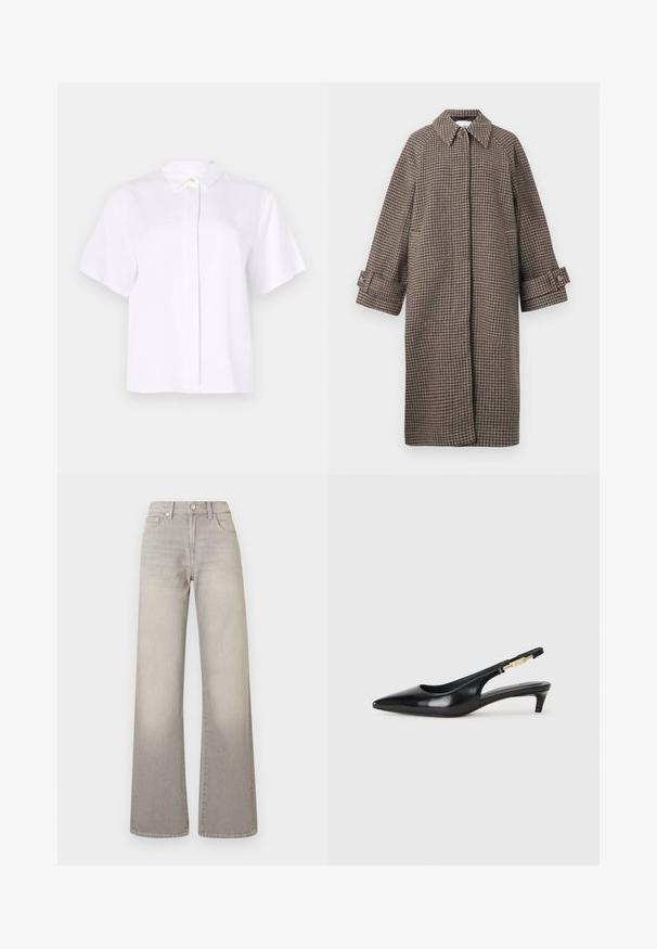 Bruine houndstoothjas met een kraag, knoopsluiting en brede mouwen. Beschikt over een A-lijn silhouet en een gestructureerde stof.; Kortgerit shirt in het wit, gemaakt van een gladde stof, met een spitse kraag en een knoopsluiting met een groene accentknop.; Grijze wijde jeans met een vervaagde afwerking, knoopsluiting, vijfzakkenontwerp en gestikte details langs de naden.; Zwarte leren slingback hakken met een spitse neus, voorzien van een slanke hak en een goudkleurige accent op de verstelbare band. Gladde textuur.