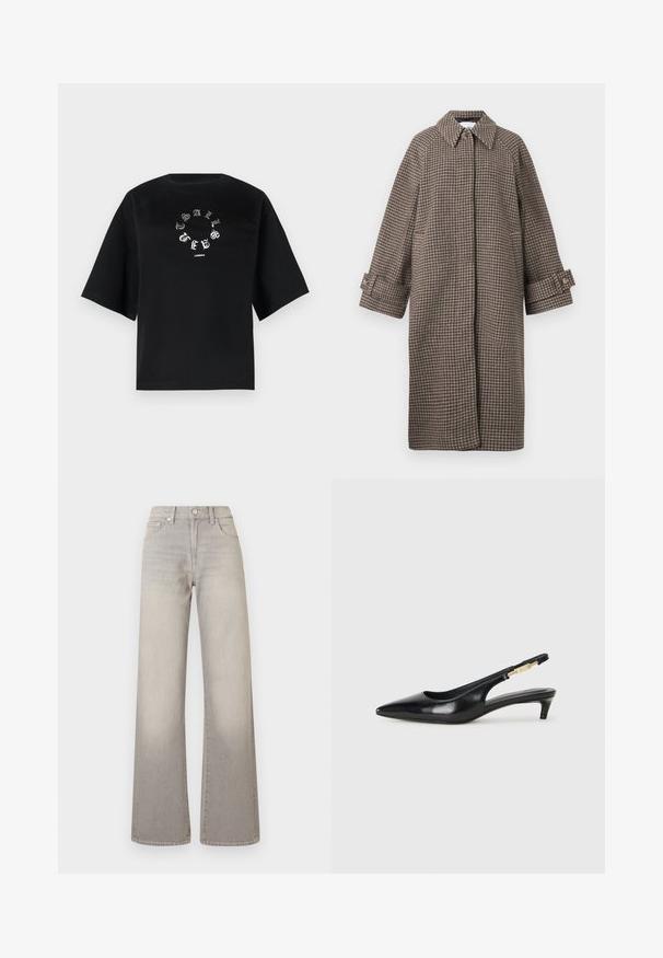 Brown houndstooth coat with a collar, button closure, and wide sleeves. Features an A-line silhouette and textured fabric.; Black cotton T-shirt with short sleeves, featuring a circular silver graphic design with letters and "LONDON" at the bottom center.; Gray wide-leg jeans with a faded finish, button closure, five-pocket design, and stitched detailing along the seams.; Black leather slingback heels with a pointed toe, featuring a slim heel and a gold-tone accent on the adjustable strap. Smooth texture.