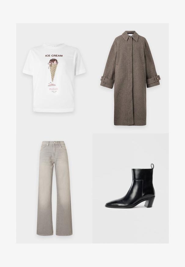 Brown houndstooth coat with a collar, button closure, and wide sleeves. Features an A-line silhouette and textured fabric.; White cotton t-shirt featuring an illustration of an ice cream cone with pink and brown accents, and the text "ICE CREAM PLEASE" below.; Gray wide-leg jeans with a faded finish, button closure, five-pocket design, and stitched detailing along the seams.; Black leather ankle boot with a pointed toe, a geometric stacked heel, and a pull tab at the back. Smooth texture and sleek design.