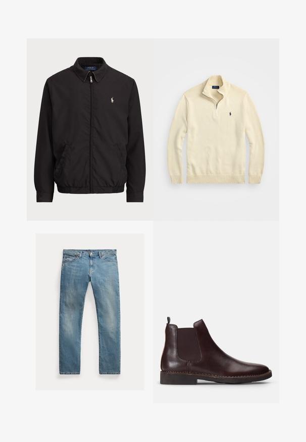 Must mustripael, klassikalise kraega, elastsete mansettide ja alläänega must jakk, millel on vasakul rinnataskul väike tikandlogoga. ; Kreemist värvi lukuga sviiter, mis on valmistatud kudumiskangast, kus on ribidega kaelus ja allserv, ning väike tumehall logoga tikand rinnal.; Hele sinine teksapüksid sirge lõikega, nööbiliuguriga kinnitamine, viis taskut, peen kulumine ja õmbluse aktsendid.; Pruunid nahast Chelsea saapad, mille külgedel on elastsed paneelid, ümar varvas ja madala profiiliga konts. Tallal detailne õmblus.