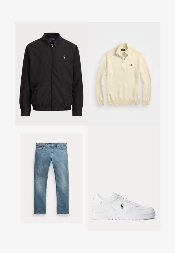 Černá zipová bunda s klasickým límcem, elastickými manžetami a lemem, s malým vyšitým logem na levé kapse.; Krémová zipová mikina vyrobená z pleteného materiálu, s žebrovaným límcem a lemem, a malým vyšitým logem tmavě modré barvy na hrudi.; Světle modré džíny s rovnými nohavicemi, zapínání na knoflíky, pět kapes, jemné vyblednutí a akcenty šití.; Bílá sportovní obuv s texturovaným koženým svrškem, zaoblenou špičkou, plochými tkaničkami a černým logem na boku. Gumová podrážka s protiskluzovým vzorem.