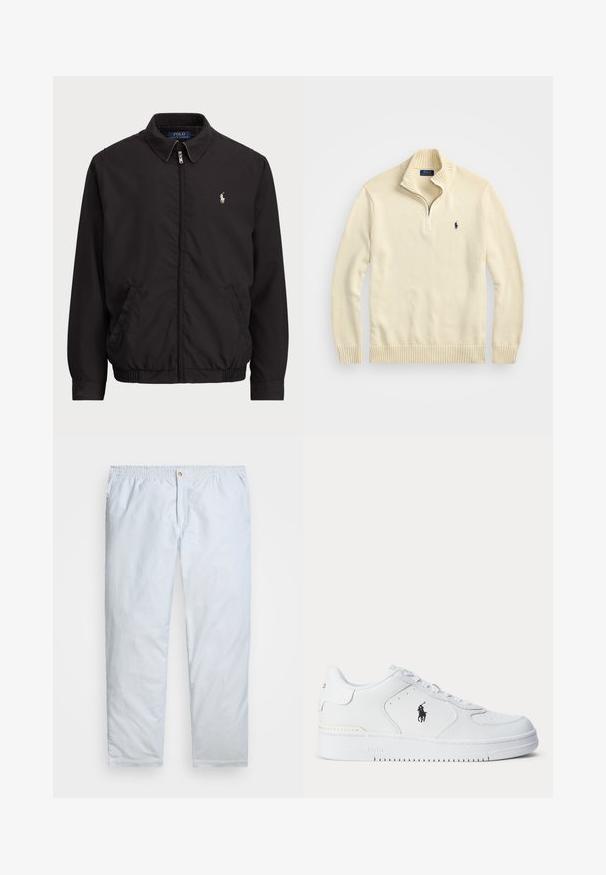 Svart zip-jacka med klassisk krage, elastiska ärmslut och nederkant, med en liten broderad logotyp på vänster bröstficka.; Krämfärgad zip-up tröja i stickad tyg, med ribbad krage och nederkant, samt en liten broderad logotyp i mörkblått på bröstet.; Ljusblå randiga byxor gjorda av lätt vikts tyg. Har resårmidja med knäppning och raka ben.; Vitt sportskor med strukturerad läderöverdel, rund tå, platta snören och en svart logotyp på sidan. Gummisula med mönster för grepp.