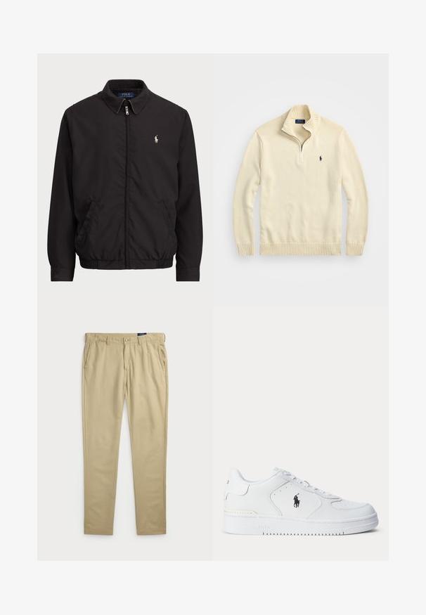 Svart zip-jacka med klassisk krage, elastiska ärmslut och nederkant, med en liten broderad logotyp på vänster bröstficka.; Krämfärgad zip-up tröja i stickad tyg, med ribbad krage och nederkant, samt en liten broderad logotyp i mörkblått på bröstet.; Beiga bomullbyxor med rak bendesign, utrustade med sidofickor och framknappsstängning. Mjuk textur och minimal sömnad.; Vitt sportskor med strukturerad läderöverdel, rund tå, platta snören och en svart logotyp på sidan. Gummisula med mönster för grepp.