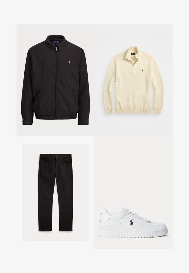 Svart zip-up jakke med klassisk krage, elastiske mansjetter og hem, med liten brodert logo på venstre brystlomme.; Kremfarget hettegenser med glidelås laget av strikket stoff, med ribbestrikket krage og kant, samt en liten brodert logo i mørkeblått på brystet.; Sorte jeans i denim med rett benklipp, fem lommer og subtil tekstur. Detalj med metallknapp og glidelås.; Hvit sportsko med teksturert skinnoverdel, rund tå, flate lisser og en svart logo på siden. Gummisåle med mønster for grep.