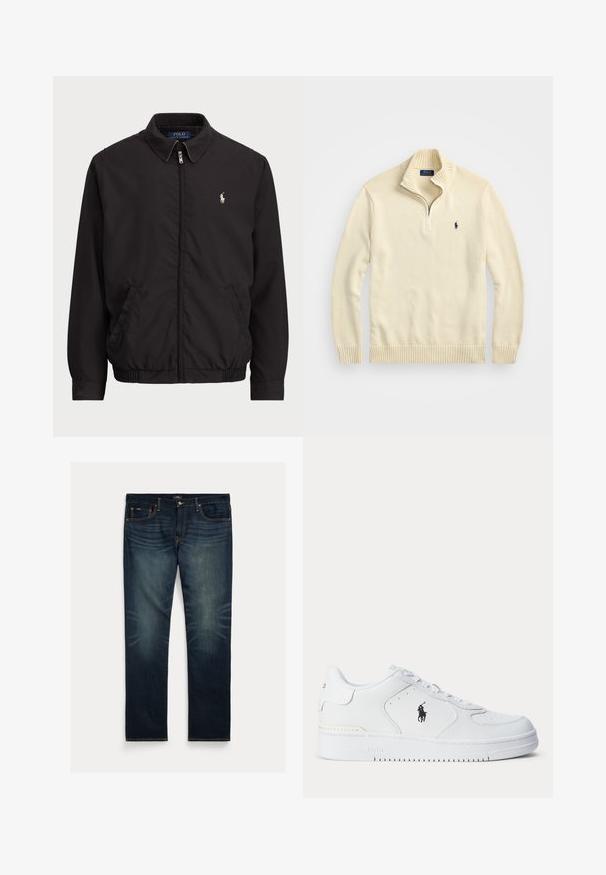 Črna jakna z zadrgo in klasičnim ovratnikom, z elastiko na manšetah in robu, ki ima majhen vezen logotip na levem žepu.; Kremna zip-up jopica iz pletenega materiala, s potrjenim ovratnikom in hemom ter majhnim izvezenim logotipom v temno modri barvi na prsih.; Temno modre kavbojke iz jeansa s ravnim krojem nogavic, subtilnim bledenjem blizu kolen in oranžnimi šivi na žepih in šivih.; Bela športna čevelj s teksturirano usnjeno zgornjico, okroglo konico, ravnimi vezalkami in črnim logotipom na strani. Gumijast podplat z vzorcem za oprijem.