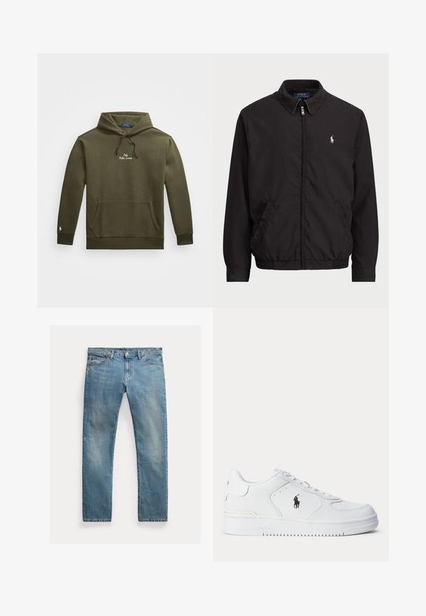 Svart zip-jacka med klassisk krage, elastiska ärmslut och nederkant, med en liten broderad logotyp på vänster bröstficka.; Olivgrön hoodie i mjukt bomullsblandning. Har en framficka i kängurustil, justerbar dragsko på huvan och broderad logotyp på bröstet.; Ljusblå denimjeans med rak passform, knäppning med knapp, fem fickor, subtila blekningar och sömnadsdetaljer.; Vitt sportskor med strukturerad läderöverdel, rund tå, platta snören och en svart logotyp på sidan. Gummisula med mönster för grepp.