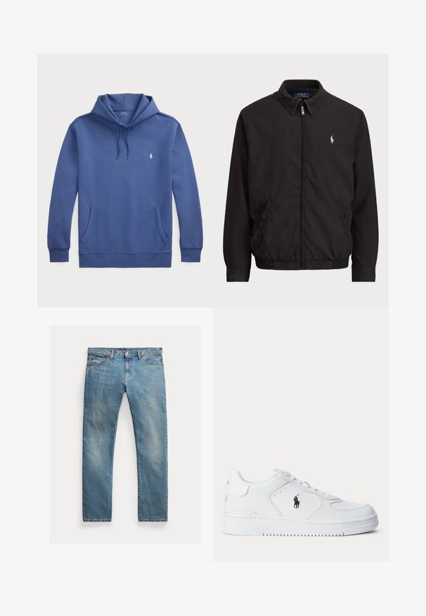 Casaco preto com fecho zip, com colarinho clássico, punhos e bainha elásticos, apresentando um pequeno logótipo bordado no bolso esquerdo do peito.; Sweatshirt azul feito de uma mistura de algodão, com um bolso tipo canguru, punhos canelados e um logótipo bordado no peito. Capuz com cordão ajustável.; Jeans de denim azul claro com corte reto, fecho de botão, cinco bolsos, desbotamento subtil epontos de costura.; Sapatilha atlética branca com parte superior em couro texturizado, biqueira redonda, atacadores planos e um logótipo preto na lateral. Sola de borracha com padrão de tração.