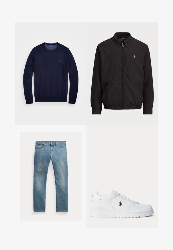 Melna aizdare uz rāvējslēdzēja jaka ar klasisku apkakli, elastīgiem piedurknēm un apakšmalu, ar mazu izšuvumu kreisajā krūšu kabatā.; Lielās jūras zila adīta džemperis ar apaļu dekoltē, garām piedurknēm un nelielu izšūtu logotipu kreisajā krūtī. Gluda tekstūra.; Gai zilu denima bikses ar taisnu griezumu, pogu aizdari, piecām kabatām, mazu izbalējumu un piktošu akcentu.; Balts sporta apavu ar teksturētu ādas augšu, apaļu purngalu, plakaniem auklām un melnu logotipu sānos. Gumijas zolīte ar saķeres rakstu.