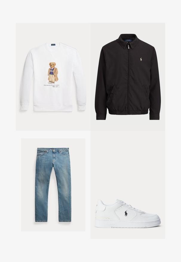 Svart zip-up jakke med klassisk krage, elastiske mansjetter og hem, med liten brodert logo på venstre brystlomme.; Hvit hettegenser med et tegneserie-bjørn i blazer og genser. Bjørnen har briller, med "POLO"-tekst på genseren under illustrasjonen.; Lyseblå denimjeans med rett snitt, glidelås med knapper, fem lommer, subtil falming og stikningsdetaljer.; Hvit sportsko med teksturert skinnoverdel, rund tå, flate lisser og en svart logo på siden. Gummisåle med mønster for grep.