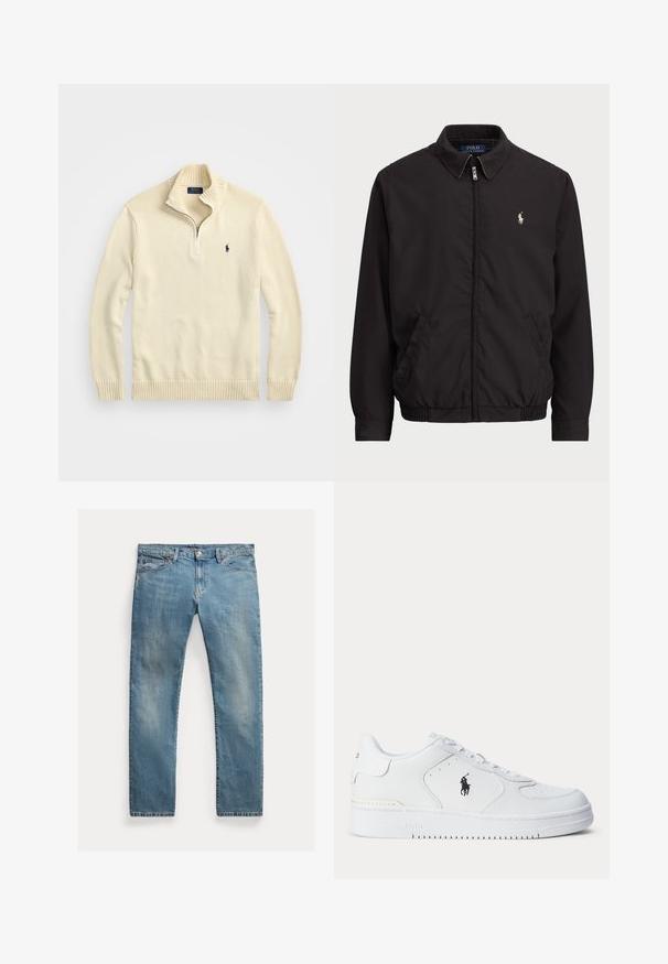 Svart zip-up jakke med klassisk krage, elastiske mansjetter og hem, med liten brodert logo på venstre brystlomme.; Kremfarget hettegenser med glidelås laget av strikket stoff, med ribbestrikket krage og kant, samt en liten brodert logo i mørkeblått på brystet.; Lyseblå denimjeans med rett snitt, glidelås med knapper, fem lommer, subtil falming og stikningsdetaljer.; Hvit sportsko med teksturert skinnoverdel, rund tå, flate lisser og en svart logo på siden. Gummisåle med mønster for grep.